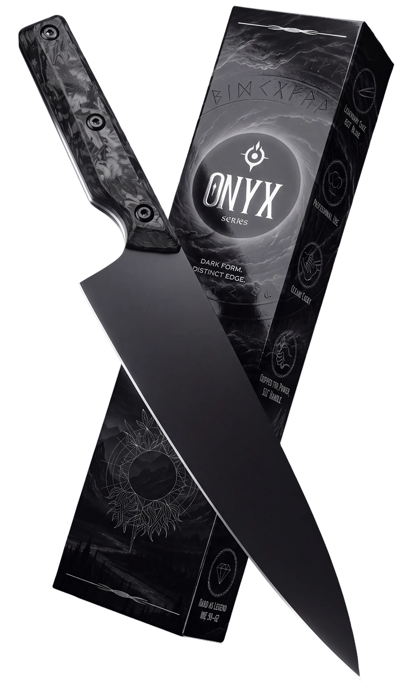 ONYX Series 8 inch chef knife with its box
