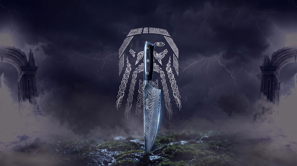 Odin line-art over a stormy northern sky