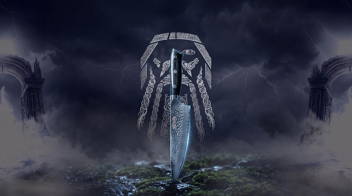 Odin line-art over a stormy northern sky