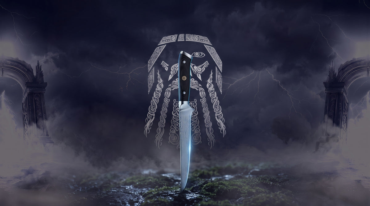Odin line-art over a stormy northern sky