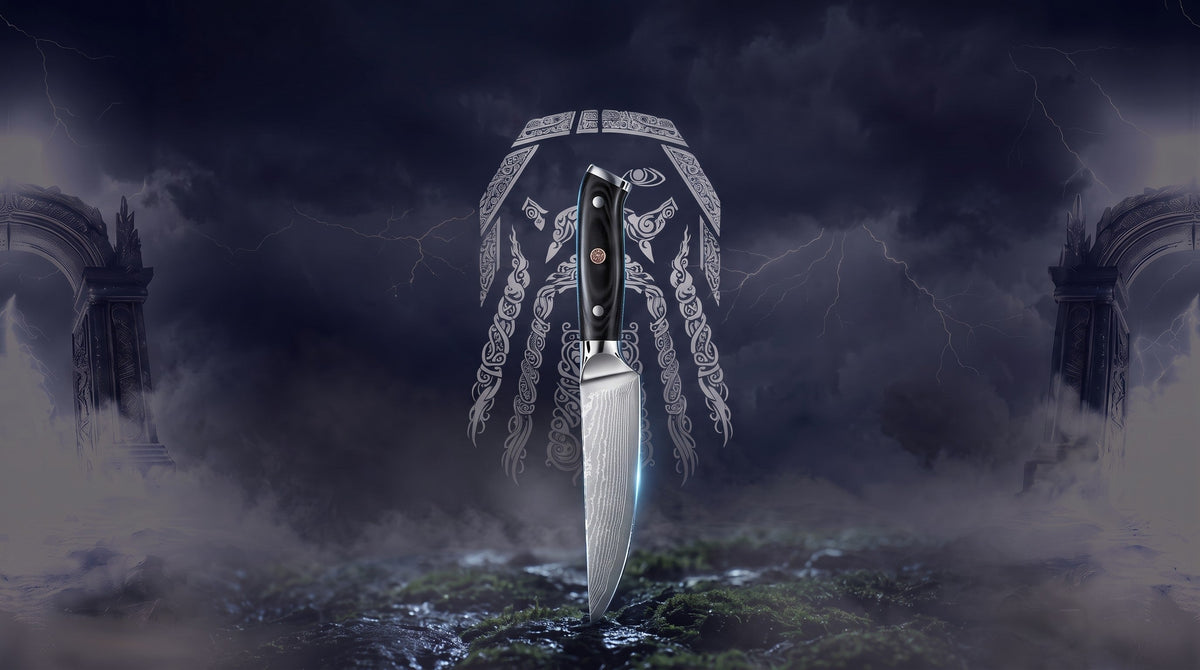 Odin line-art over a stormy northern sky